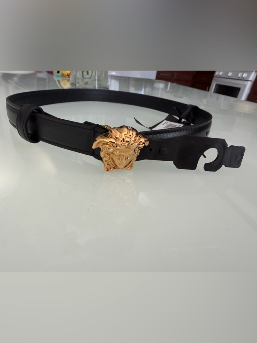 Versace Medusa head Black Leather Logo Embossed Belt. Size 55/22; XS